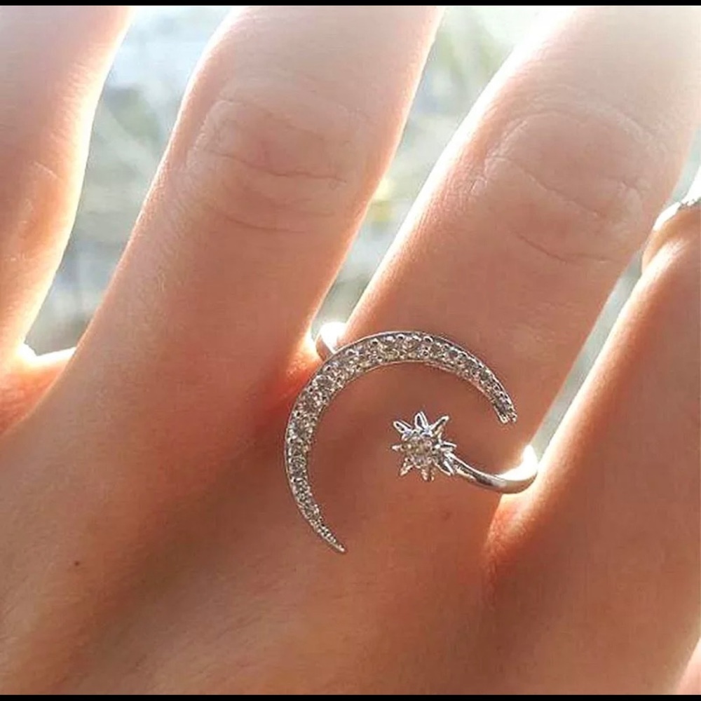 Moon & Star Open Adjustable Silver Stamp .925 Ring